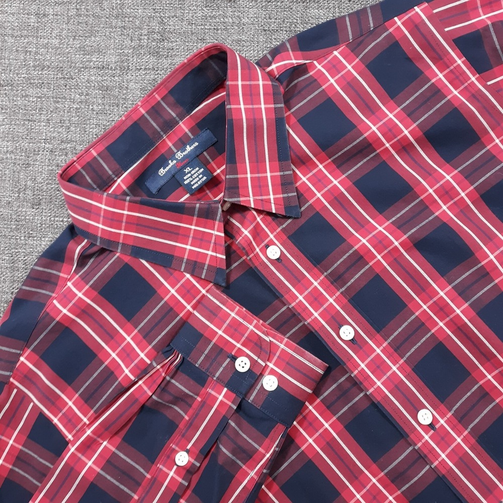 Brooks Brothers Shirt Navy Blue Plaid Mens XL Non-Iron Button Up Long Sleeve